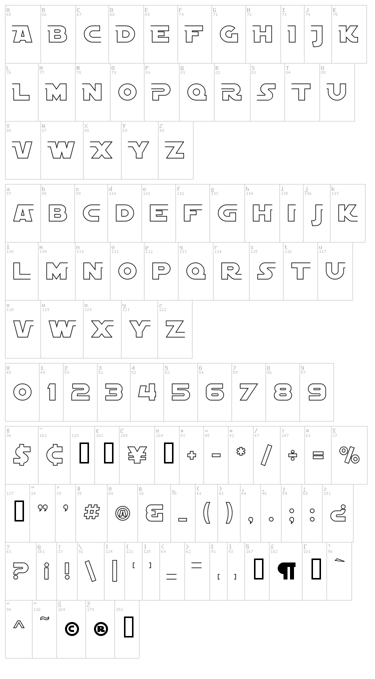 SF Distant Galaxy Symbols font map